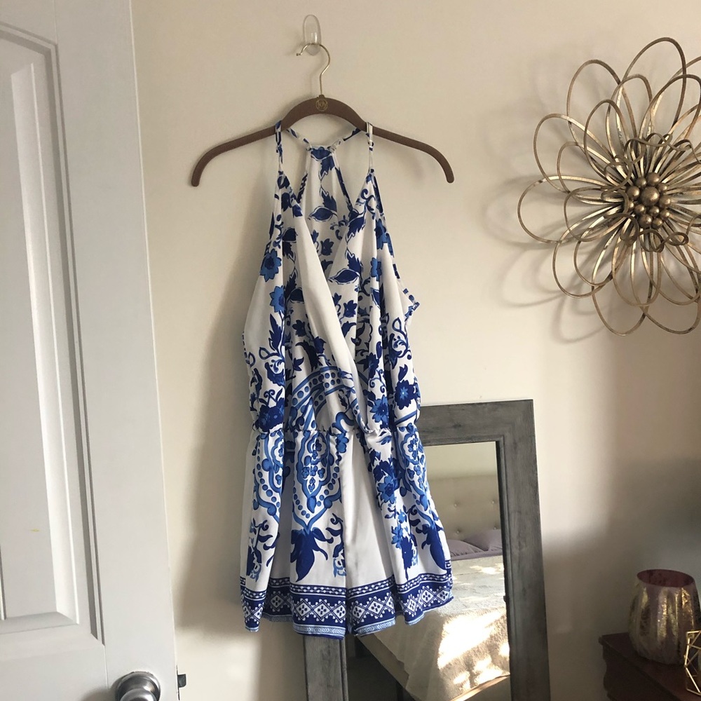 Blue and White Floral Print Lined Romper